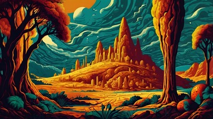 landscape with forest and birds, ai generated