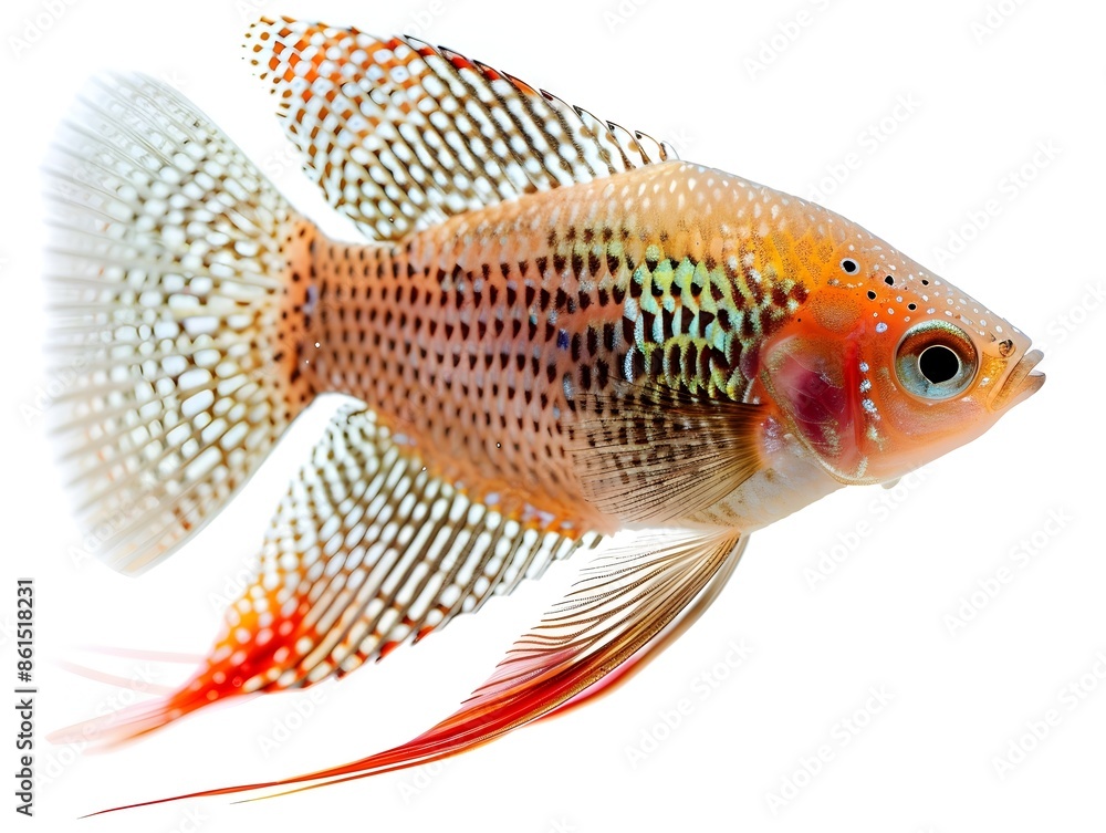 Sticker Stunning Detailed Shot of a Pearl Gourami with Lace Like Patterns and Flowing Fins Isolated on White