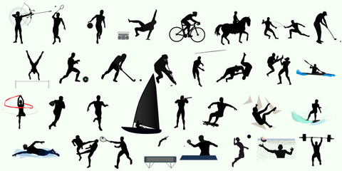 Set 32 silhouette sport action in variety style. Vector illustration.