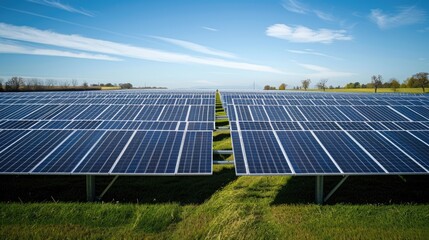 A panoramic view of a solar energy park on a clear day, with endless rows of panels stretching into the distance