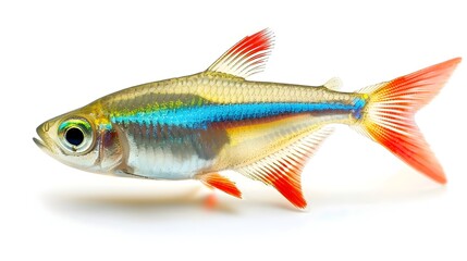 Fototapeta premium Iridescent Neon Tetra Fish Swimming in Clear Aquarium Water on White Background