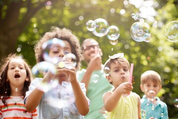 Family having a wonderful time in the garden, children blowing bubbles while parents smile and watch