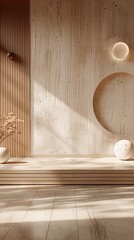 minimalist background with geometric shapes and soft lighting, featuring a sand-colored wall with wood grain accents.