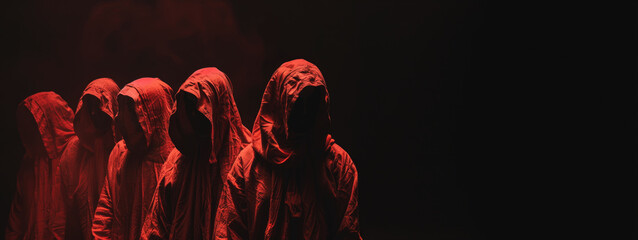 Red hooded cultists performing a ritual in the dark