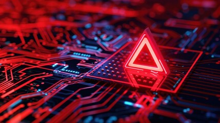 Data server, red warning triangle, circuit board background, front view, highlights critical error, technology tone, complementary color scheme