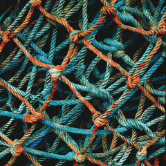 A detailed photograph of fishing nets and ropes with intricate knotting, capturing the texture and intricacy