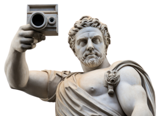 PNG  Greek sculpture holding camera statue art white background.