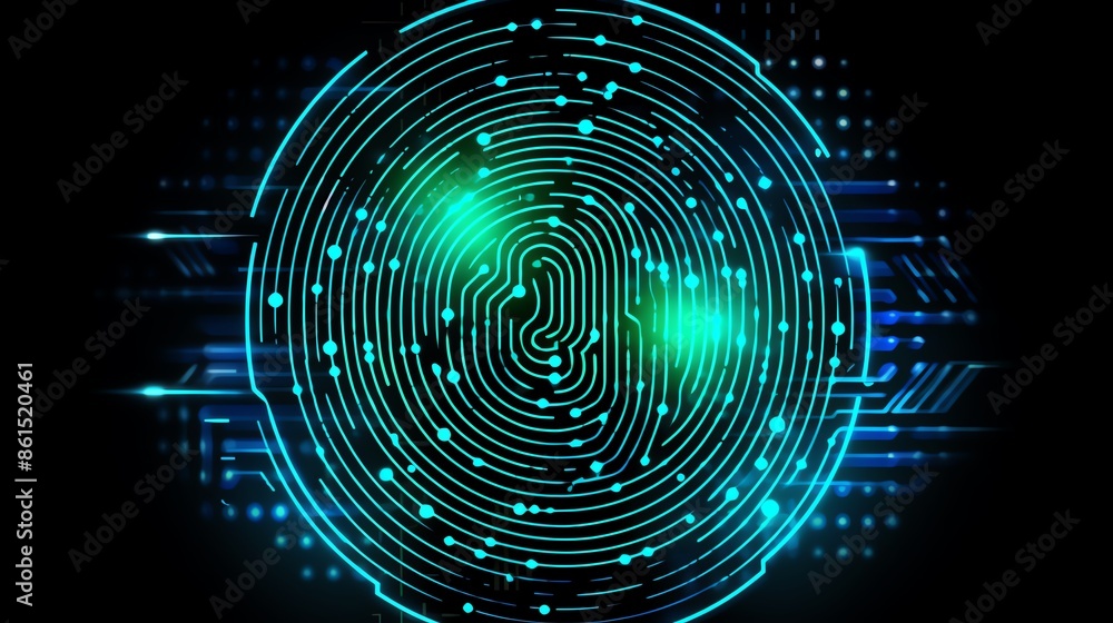 Poster digital fingerprint with glowing data lines representing cybersecurity, identity verification, and b