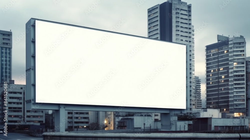 Poster a mockup of billboard with white color blank space setting in between building of city. a large big 