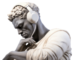 PNG  Greek sculpture listening to music headphones portrait statue.