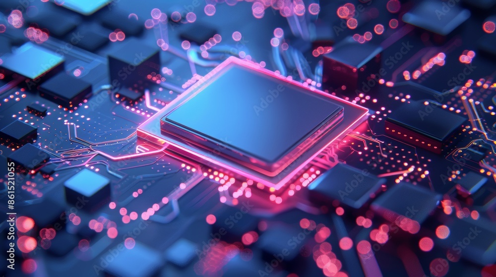 Poster close up view of a microchip revealing intricate design of integrated circuits for detailed analysis