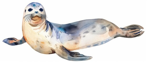 Obraz premium Adorable watercolor seal clipart on a white background, perfect for text placement