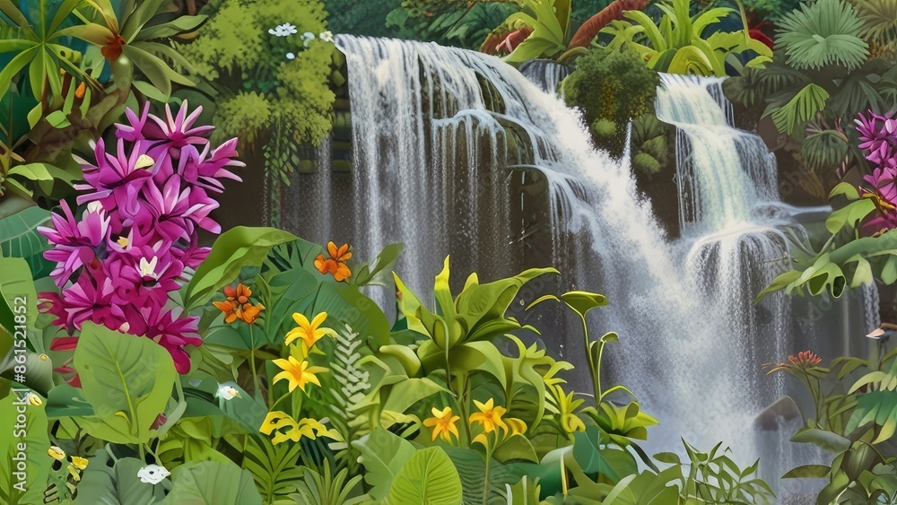 Sticker waterfall and flowers