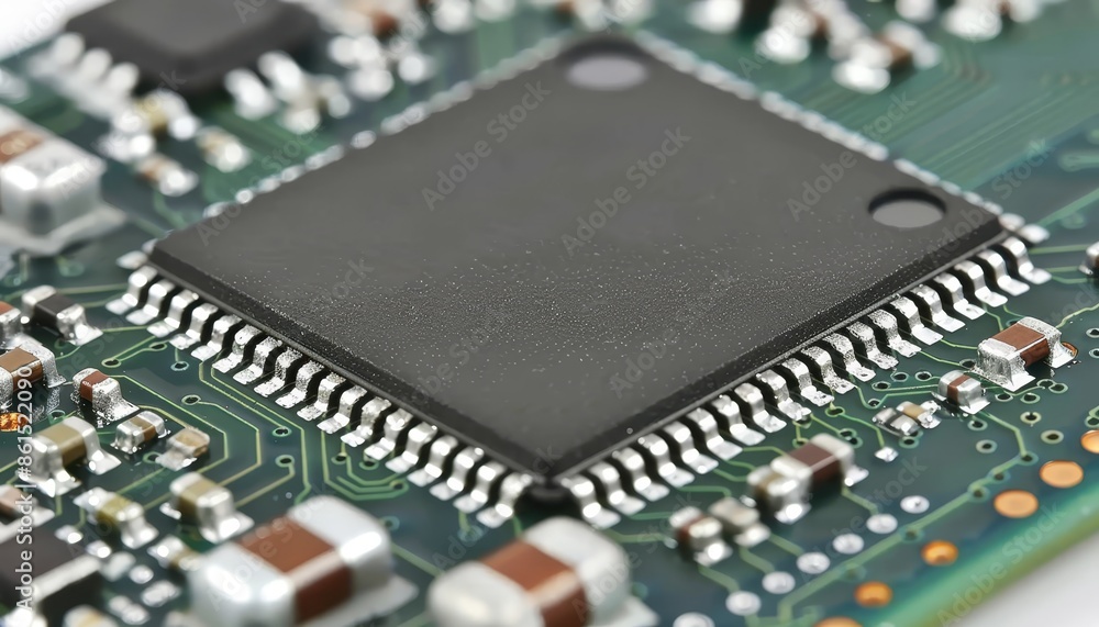 Poster close up of a microchip revealing intricate integrated circuits for detailed analysis