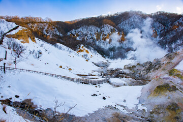 Scenic view of Jigokudani Hell Valley in winter at Noboribetsu Onsen, Noboribetsu, Hokkaido, Japan
