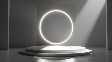 Podium background 3D light tech stage future platform game abstract. Podium 3D background technology room product circle glow effect portal stand studio scene white design ring modern display space
