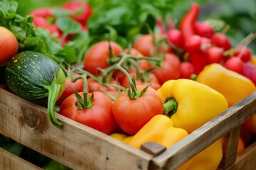 A wooden crate brimming with fresh tomatoes, yellow and red bell peppers, representing organic farming and local produce.