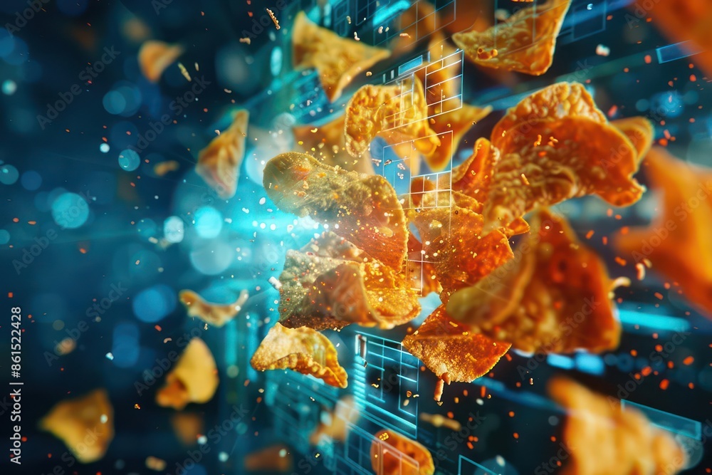 Poster closeup of a futuristic digital interface capturing a dynamic snack splash with ample copy space