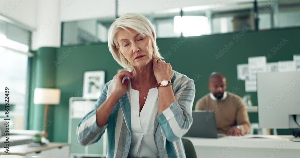 Poster Mature woman, tablet and stress with neck injury, pain or ache in depression, anxiety or burnout at office. Frustrated or tired female person or overworked employee with migraine on technology