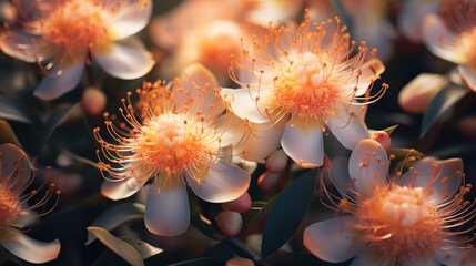 Eucalyptus flowers beauty texture. Close-up of blooming flowers with delicate petals and intricate stamens in warm sunlight. Filled on full screen.