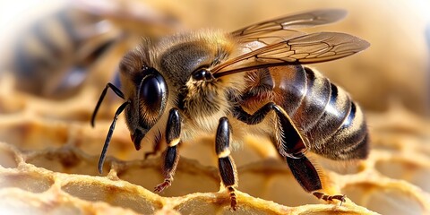 Detailed close-up image of a bee on a honeycomb, showcasing the intricate patterns of the hive and the detailed structure of the insect.