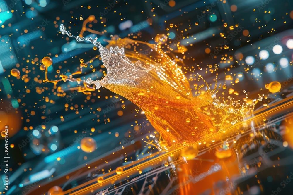 Poster closeup of a futuristic digital interface capturing a dynamic snack splash with ample copy space