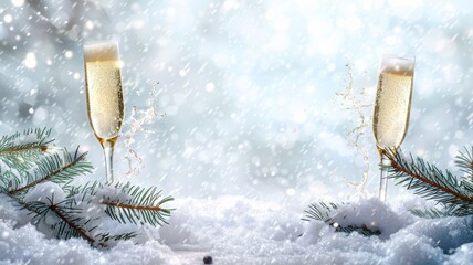 two glasses of champagne on a snowy New Year's background. The concept of New Year and Christmas , background with a place for text
