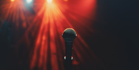 A single microphone under red stage lights at a stand-up open mic night