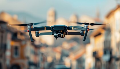 Aerial drone with camera capturing breathtaking panoramic views of the cityscape