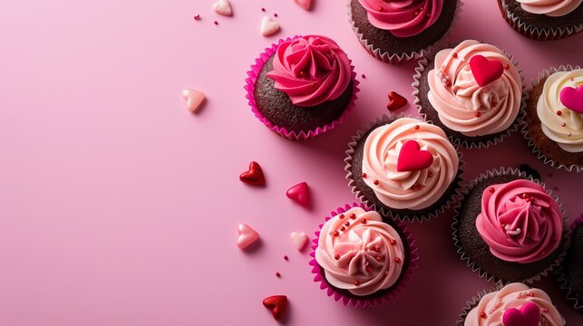 Heart-themed cupcakes with pink and red frosting and sprinkles on a pink background, perfect for expressing love and celebrating special occasions. - Powered by Adobe