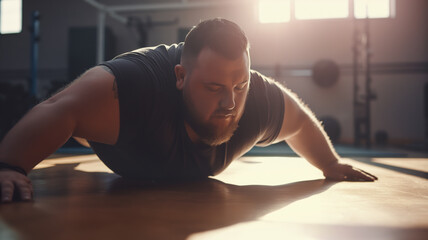 Fototapeta premium Overweight man doing push-ups in a gym, focused and determined. Capturing strength, fitness, and perseverance in an indoor workout setting