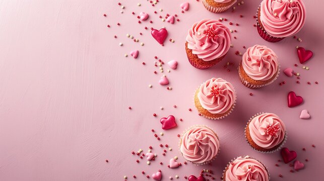 Delicious cupcakes with pink frosting and red heart decorations on a pink surface, perfect for expressing love and affection on special occasions.