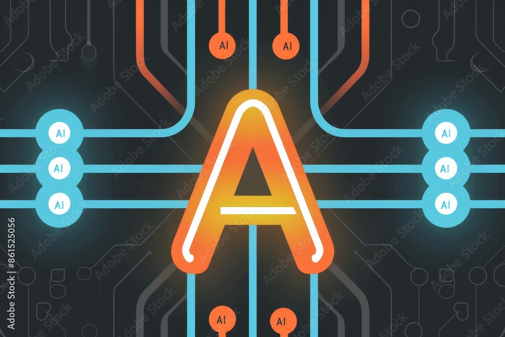 Poster abstract vector image of an orange letter a with blue digital circuitry, showcasing futuristic techn