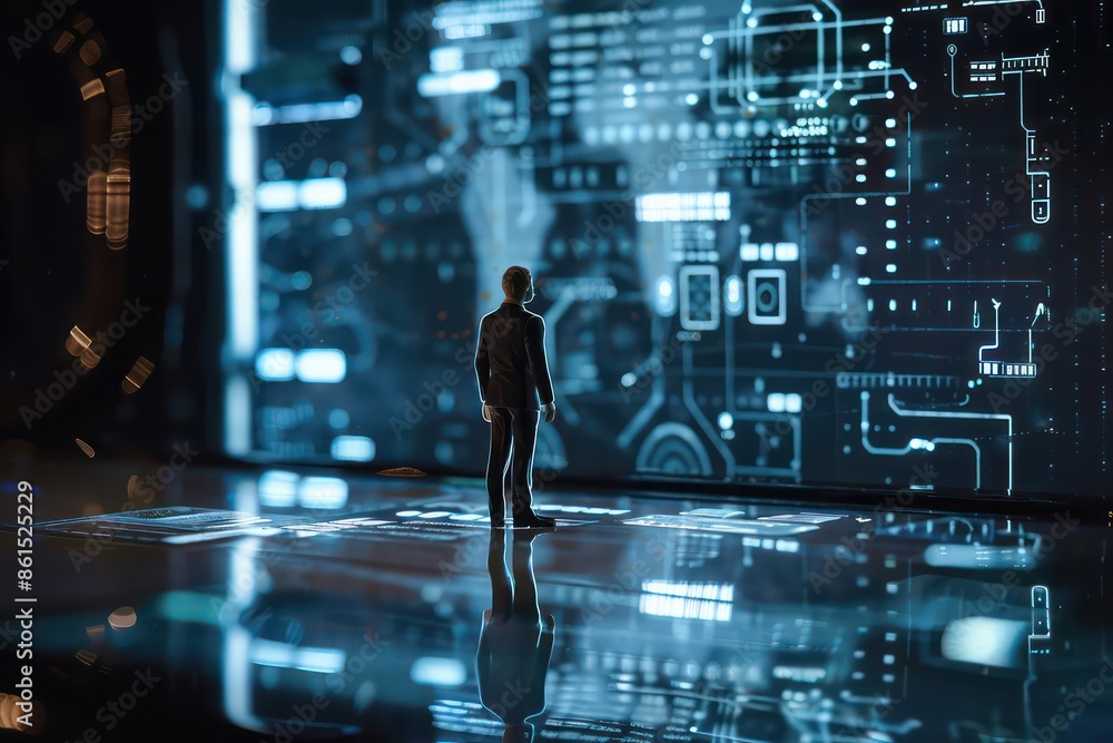 Poster conceptual image of hightech holographic displays showcasing realtime data in a smart city with room