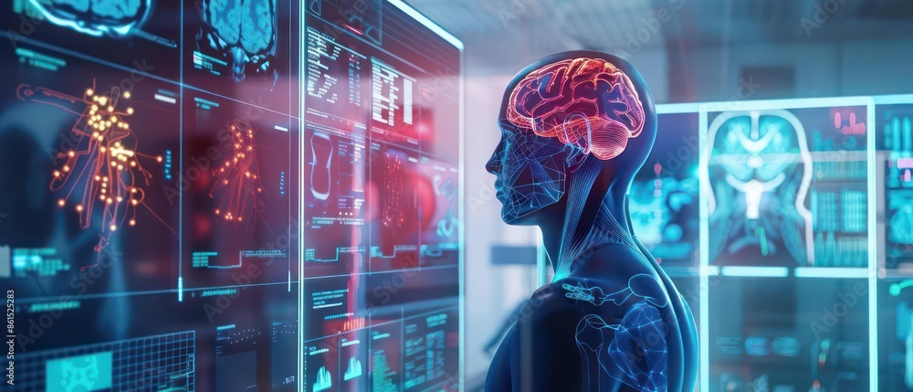 Poster conceptual image of hightech holographic displays showcasing realtime data in a smart city with room