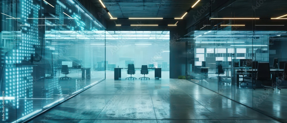 Poster conceptual image of hightech holographic displays showcasing realtime data in a smart city with room
