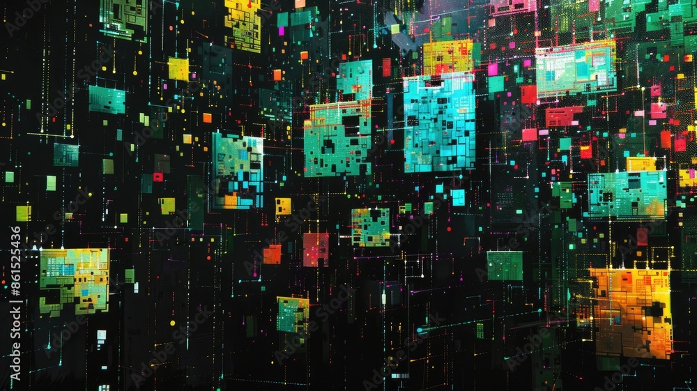 Poster abstract digital artwork with multicolored geometric shapes on a black background. digital design of