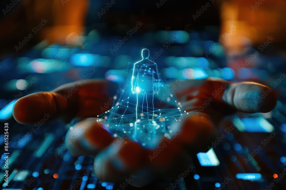 Poster conceptual image of hightech holographic displays showcasing realtime data in a smart city with room