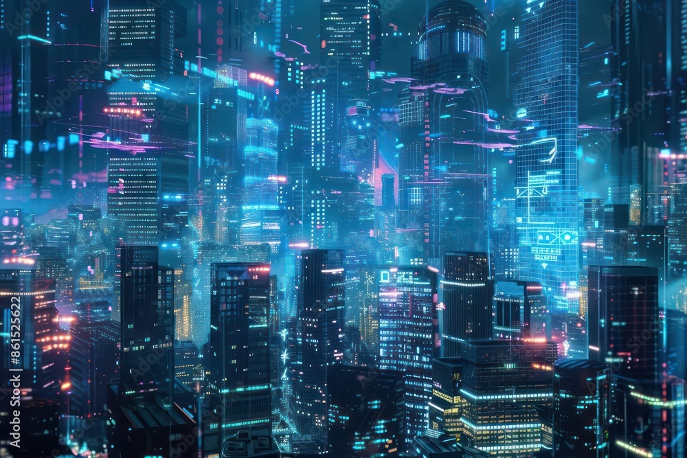 Poster conceptual image of hightech holographic displays showcasing realtime data in a smart city with room