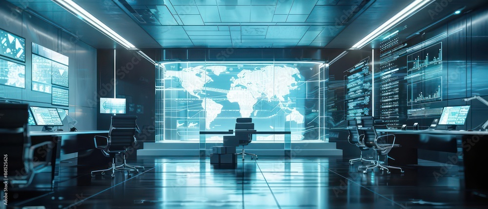 Poster conceptual image of hightech holographic displays showcasing realtime data in a smart city with room