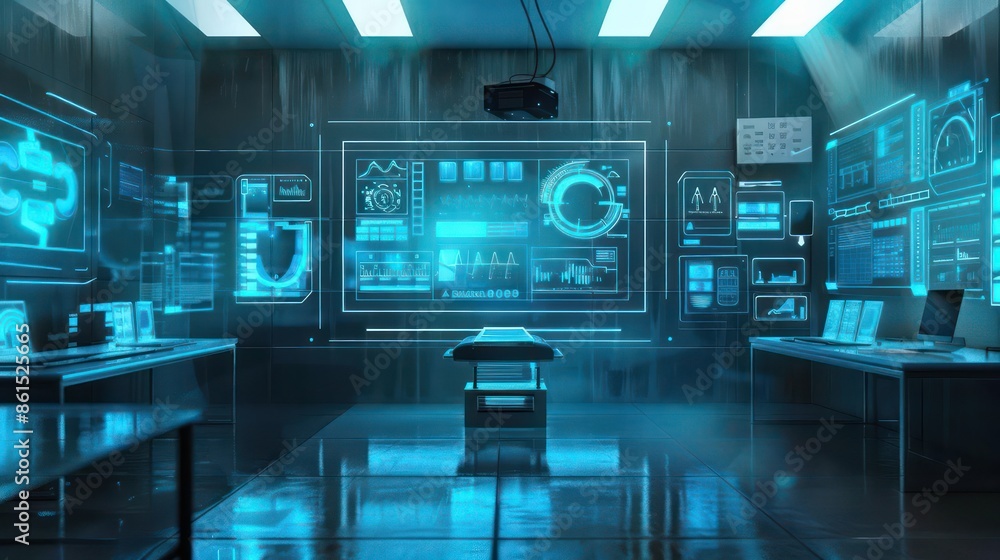 Poster conceptual image of hightech holographic displays showcasing realtime data in a smart city with room