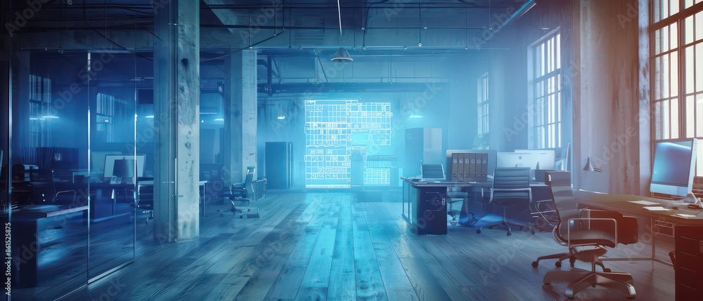 Poster conceptual image of hightech holographic displays showcasing realtime data in a smart city with room