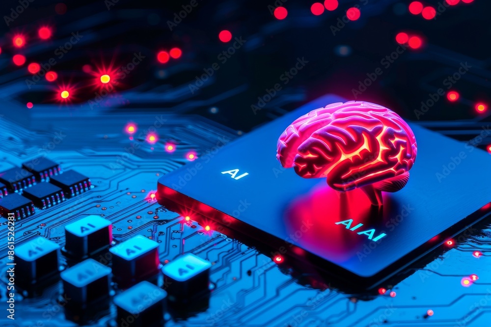Poster illustration of a brain glowing on a microchip, emphasizing the synergy between artificial intellige