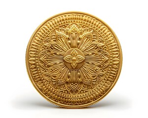 Intricate Mandala Patterned Golden Coin Highlighting Fine Details and Shimmering in Light