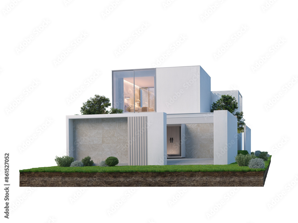 Wall mural modern white house on ground isolated png.3d rendering