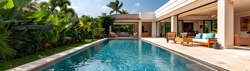 Fototapeta premium Stunning Tropical Villa with Private Pool and Lush Garden Oasis