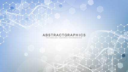 Modern scientific background with hexagons, lines and dots. Wave flow abstract background. Molecular structure for medical, technology, chemistry, science. Vector illustration