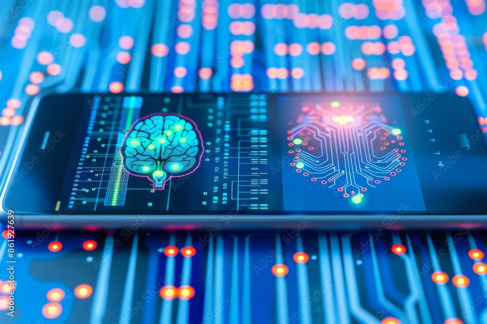 Poster close up image of a smartphone with a glowing brain hologram, representing the intersection of artif