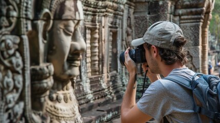 A solo traveler photographing ancient sculptures in the temples of Angkor Wat, Cambodia