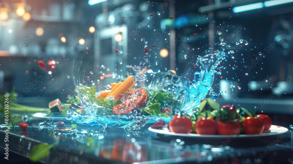 Poster futuristic digital dashboard featuring a dynamic food splash animation with plenty of space for copy